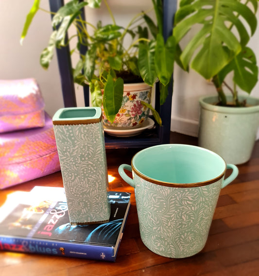 Set of Ridley Living Ceramic Mint Chamoagne Bucket & Vase
