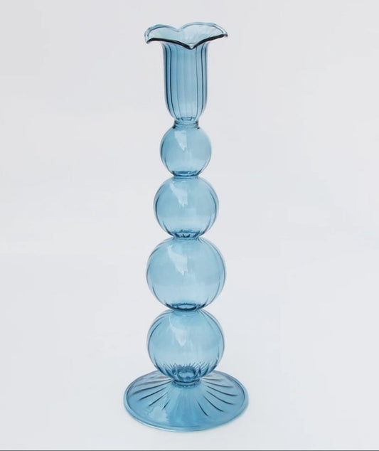 Glass Candle Stand or Holder Blue